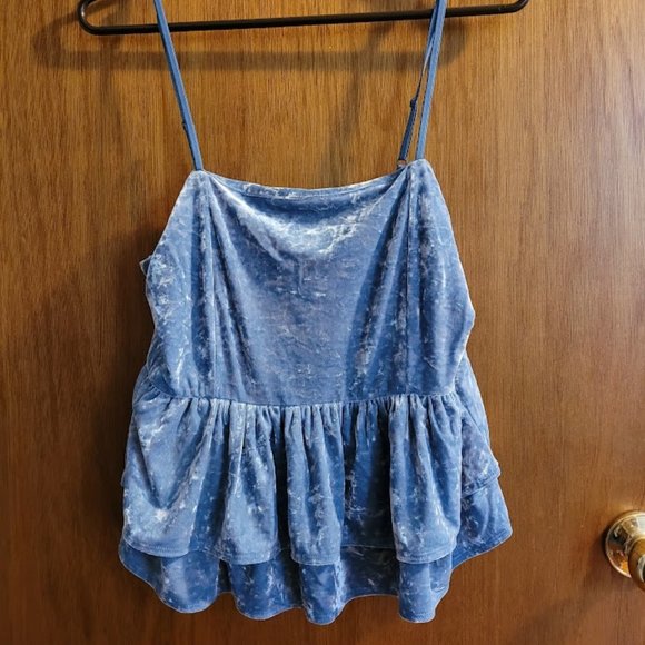 NWOT American Eagle Blue Velvet Tiered Babydoll Top M - Picture 3 of 7